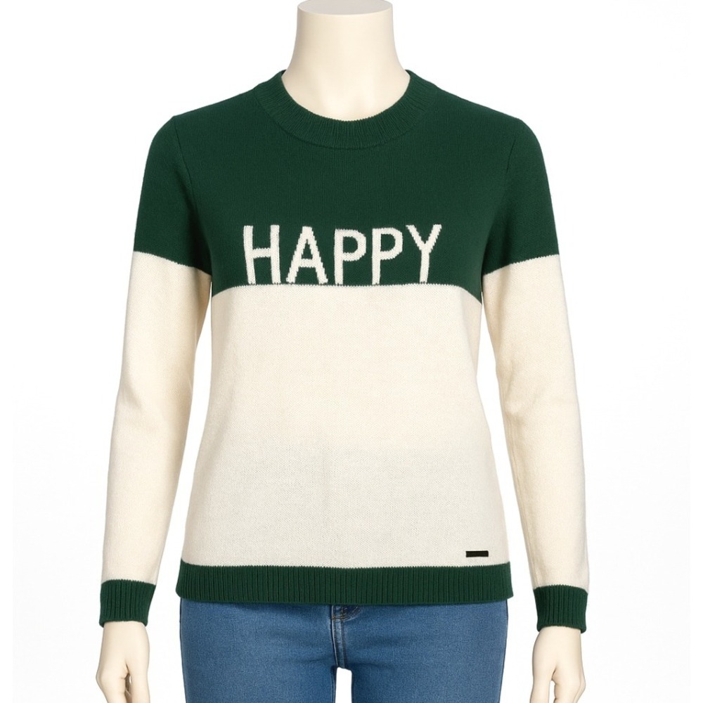 Peace Love World Sweater Happy Color‎ Block Pullover Affirmation Green White XS